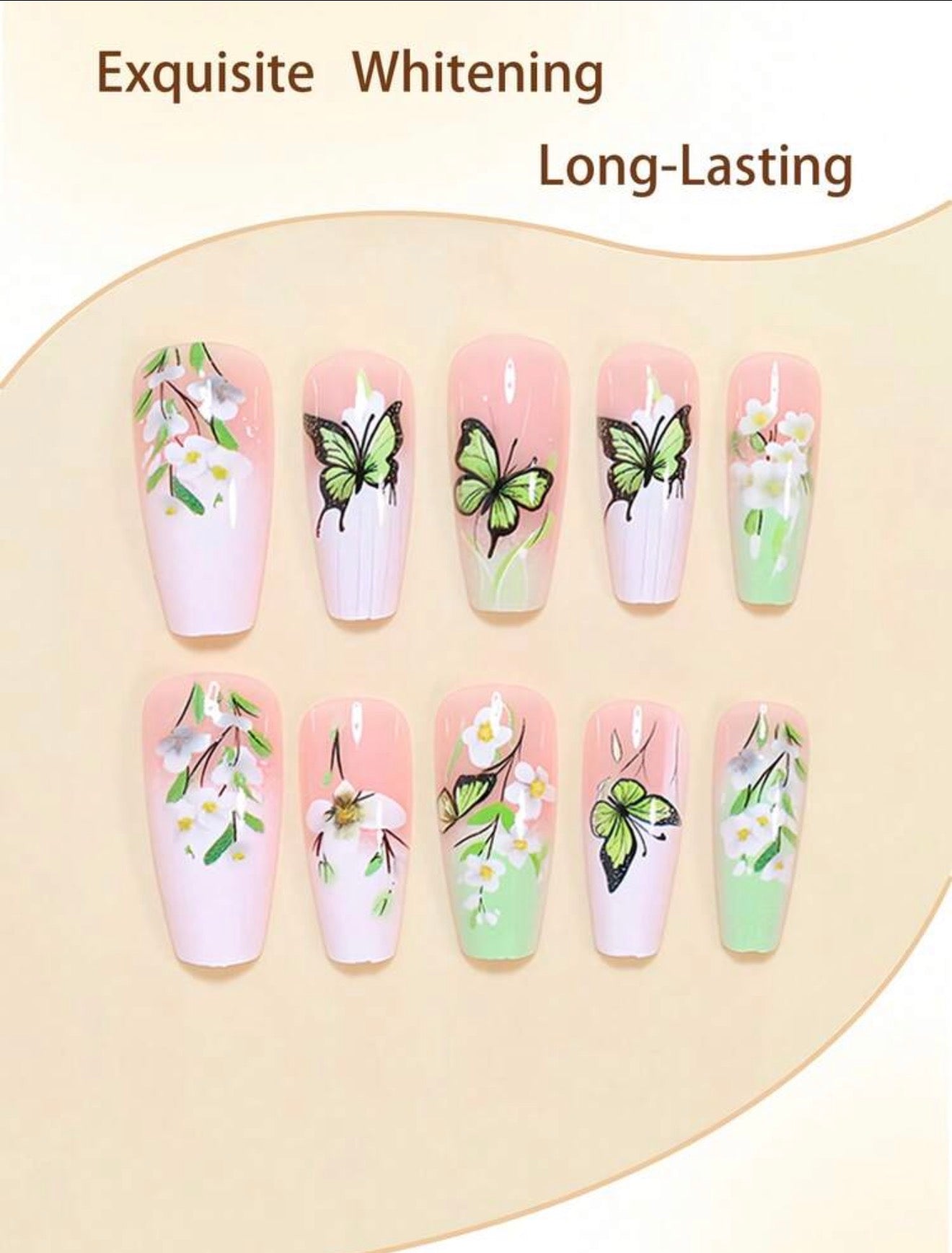 Butterfly’s and Flowers, Lime Green, Press On Nails