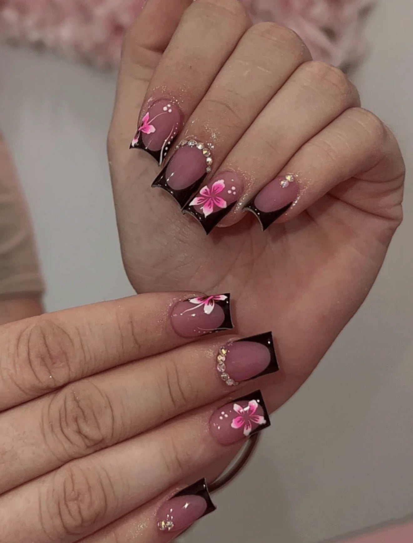 Black French Tip, Elegant, Floral