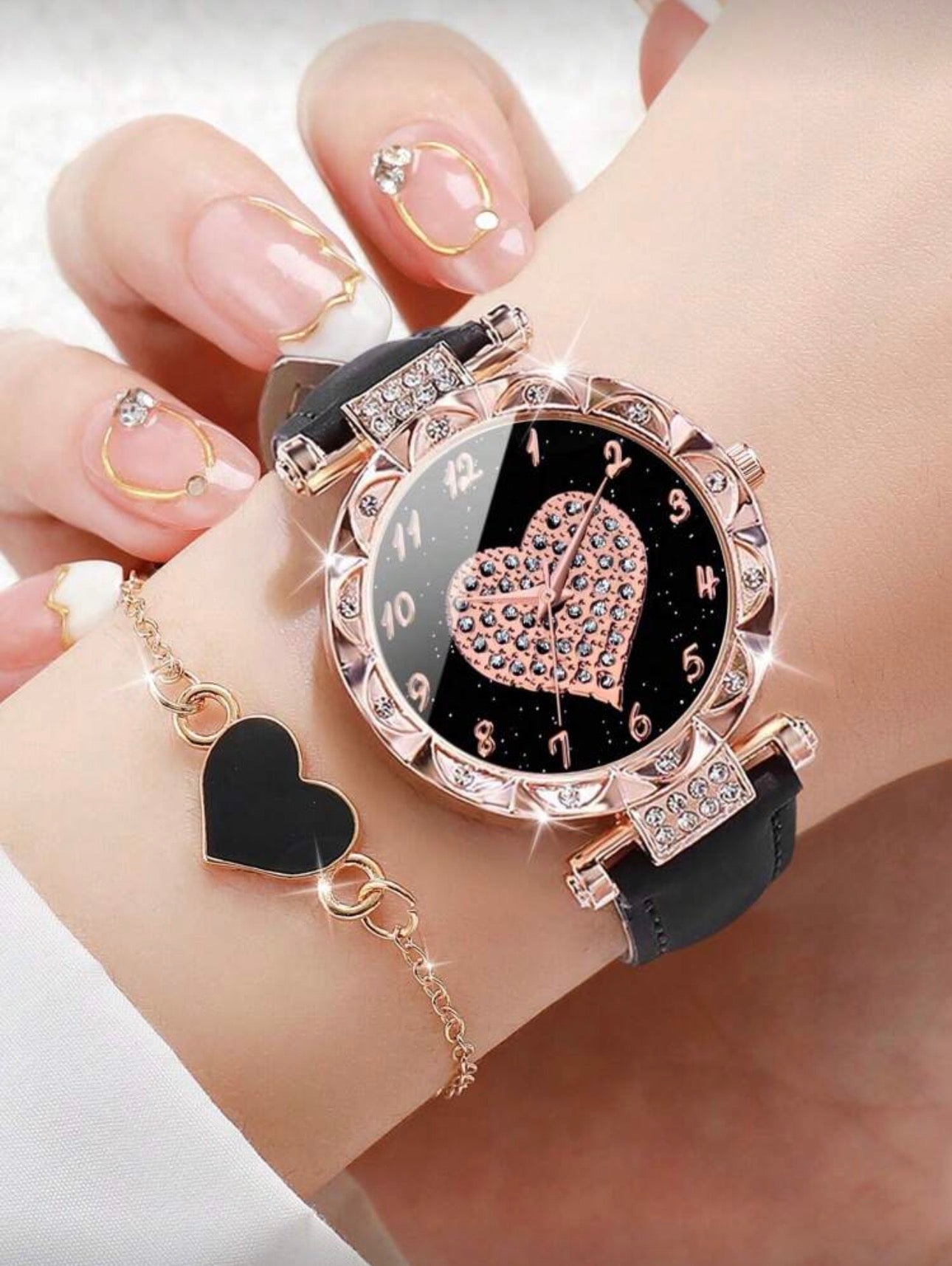 Rhinestone-Studded Starry Sky Heart-Shaped Digital Quartz Watch With PU Leather Strap, 2 Piece