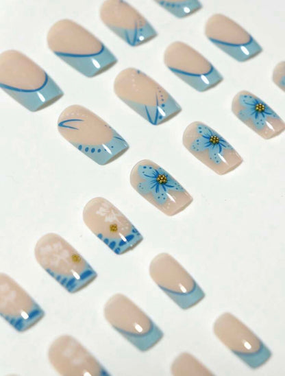 Blue Floral Press On Nails