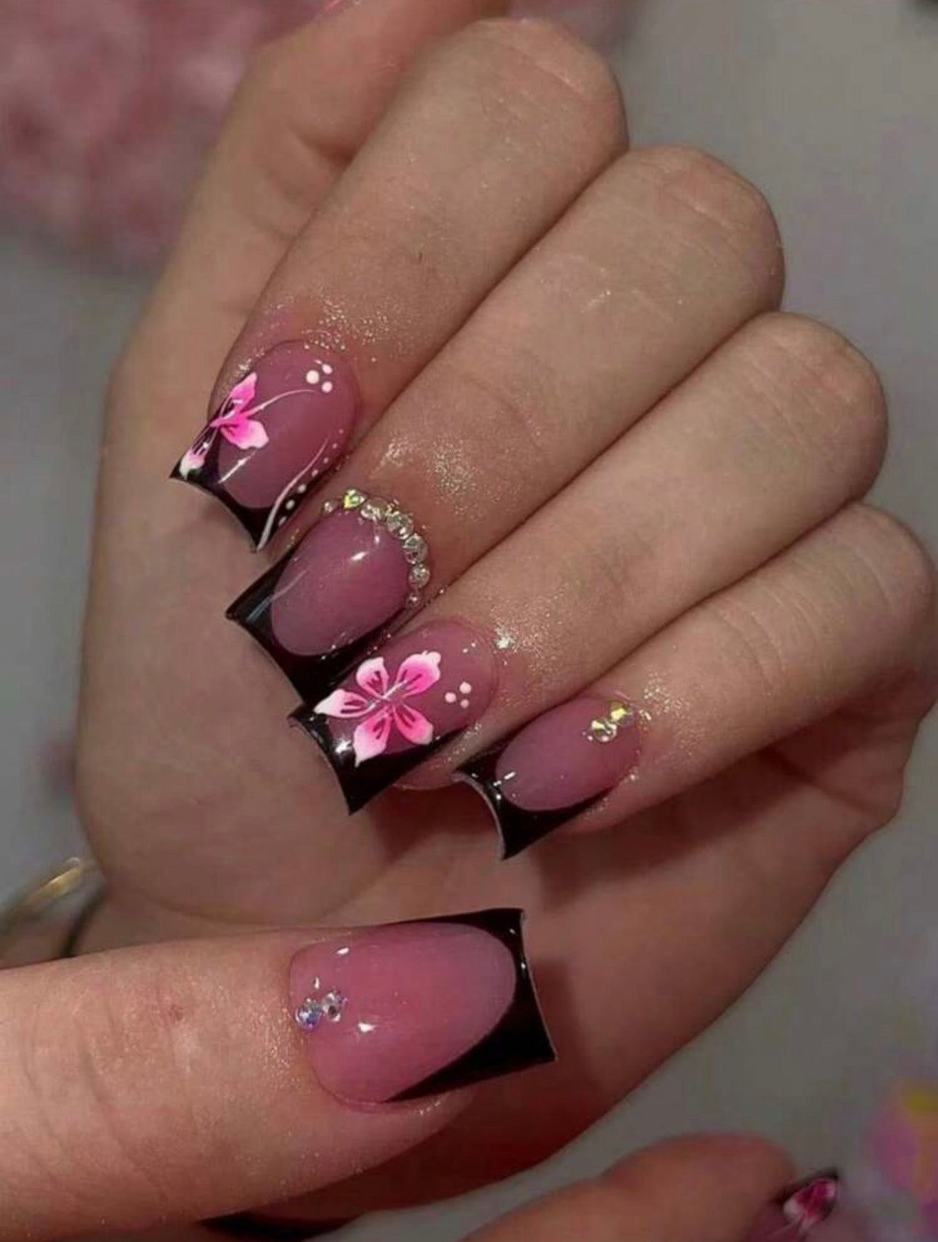 Black French Tip, Elegant, Floral