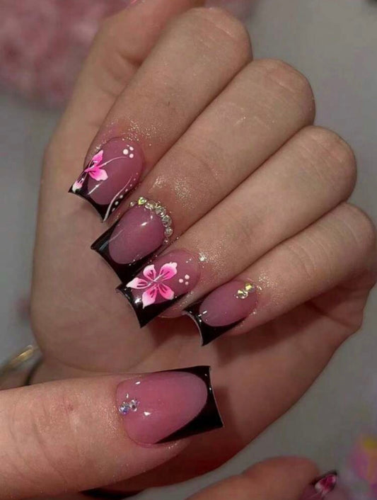 Black French Tip, Elegant, Floral