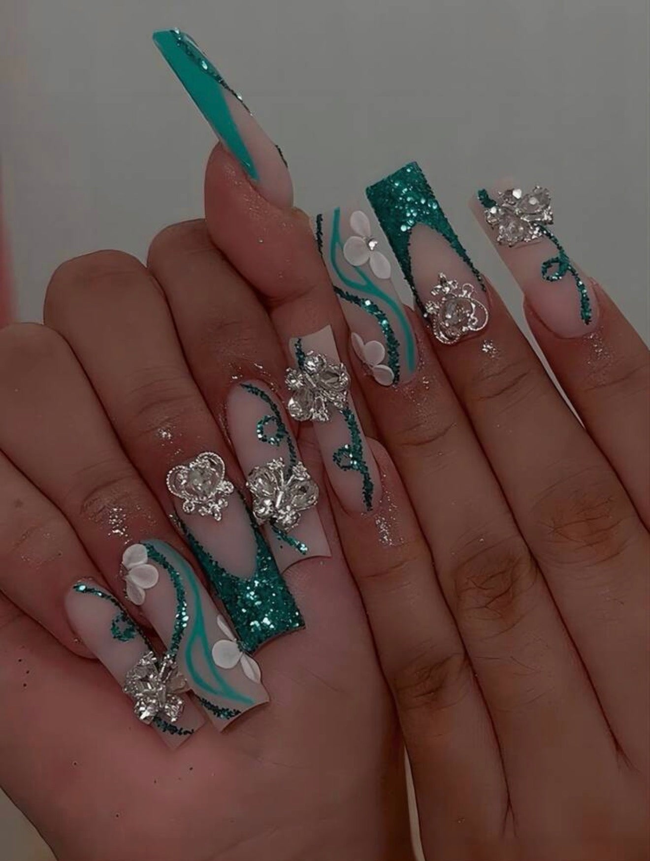 Exotic bedazzled Teal Press On Nails