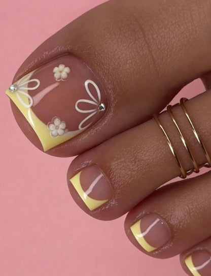 French Tip, Floral, Yellow, Press On Nails