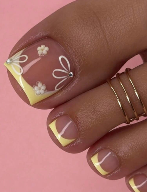 French Tip, Floral, Yellow, Press On Nails