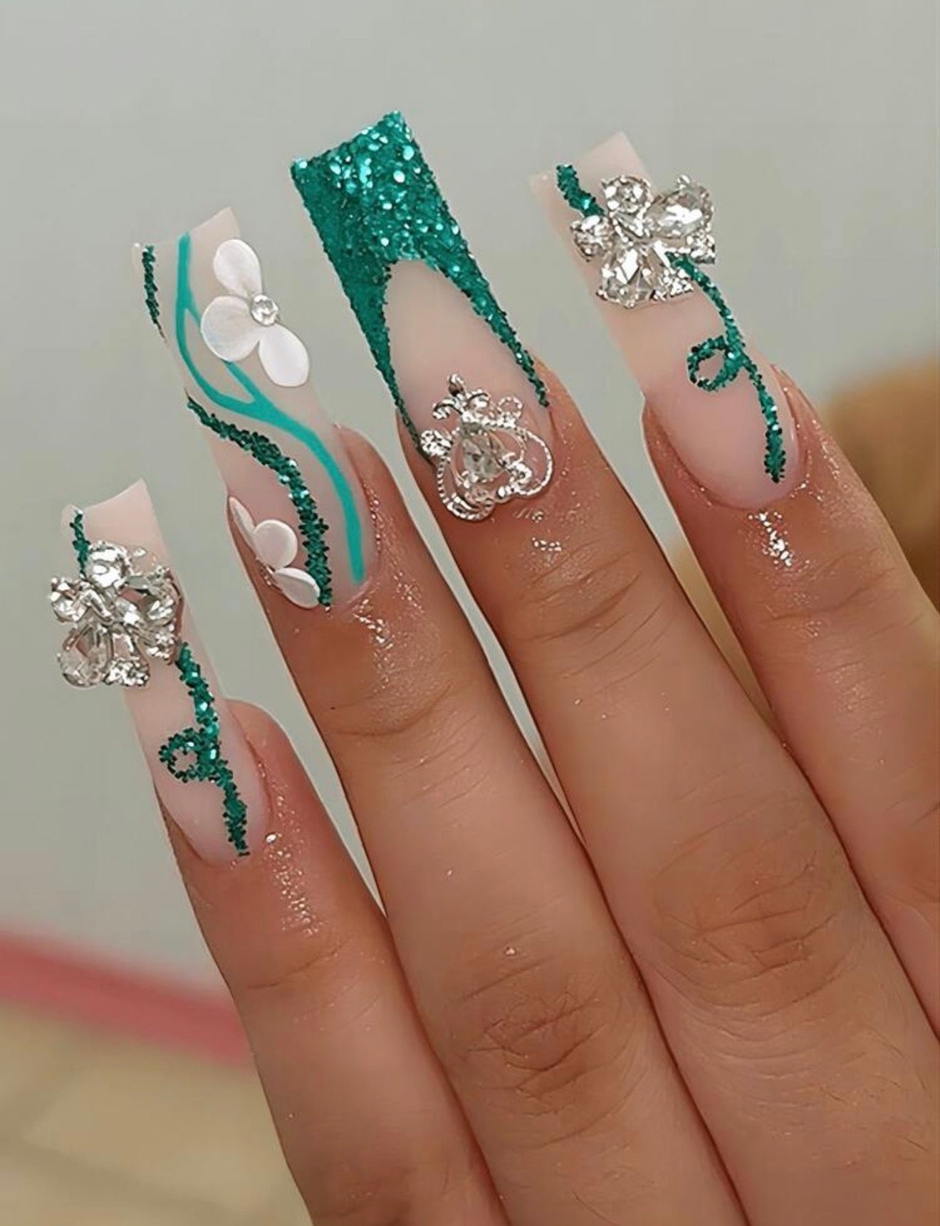 Exotic bedazzled Teal Press On Nails