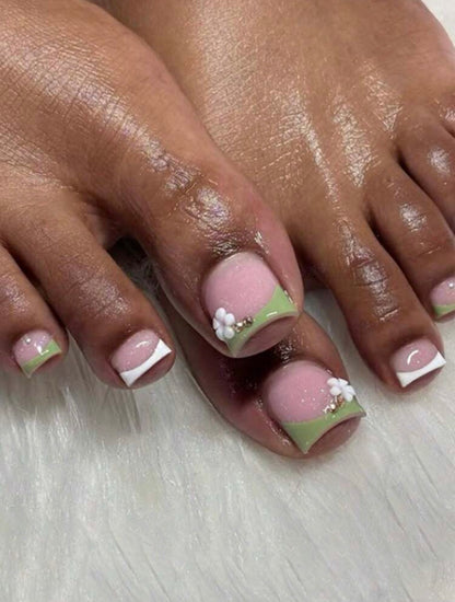Green Floral French Tip Press Ons