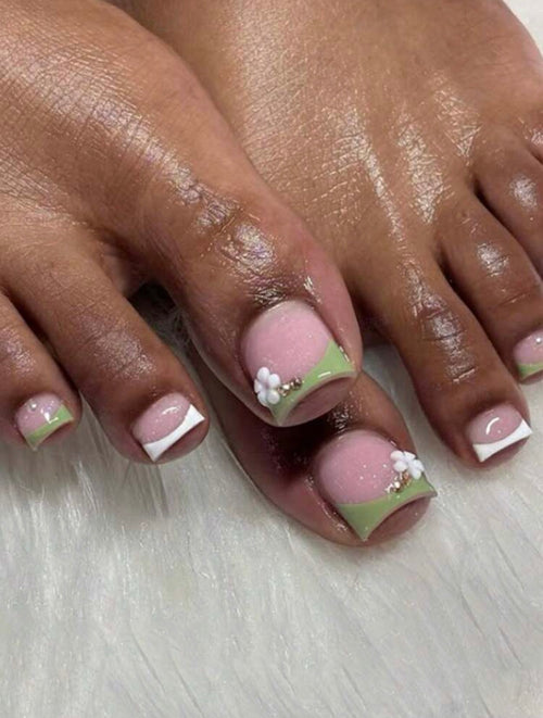 Green Floral French Tip Press Ons