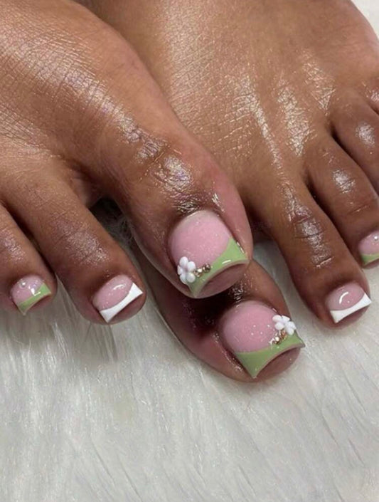 Green Floral French Tip Press Ons