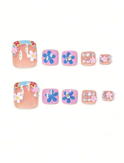 Floral Style Round Press On Toe Nails