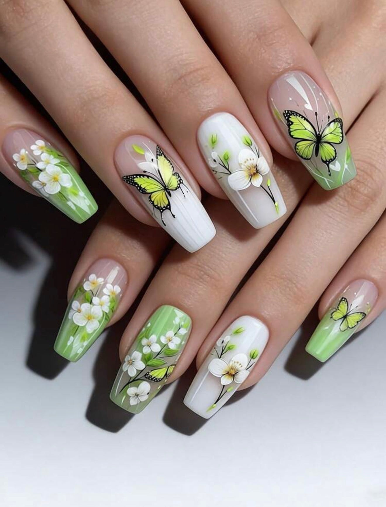Butterfly’s and Flowers, Lime Green, Press On Nails