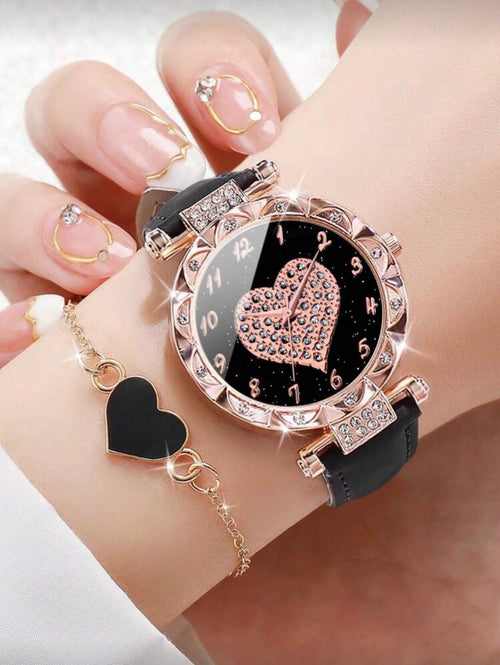 Rhinestone-Studded Starry Sky Heart-Shaped Digital Quartz Watch With PU Leather Strap, 2 Piece